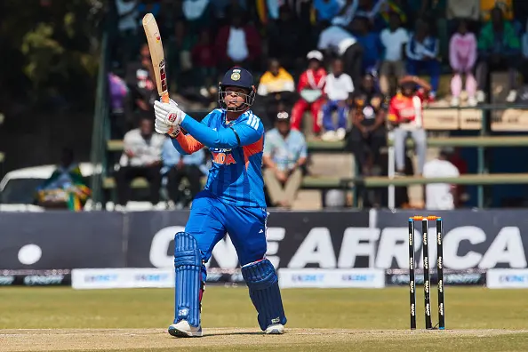 Vaibhav Sooryavanshi watches the ball after playing a shot against Zimbabwe in July. Photo: Getty Images