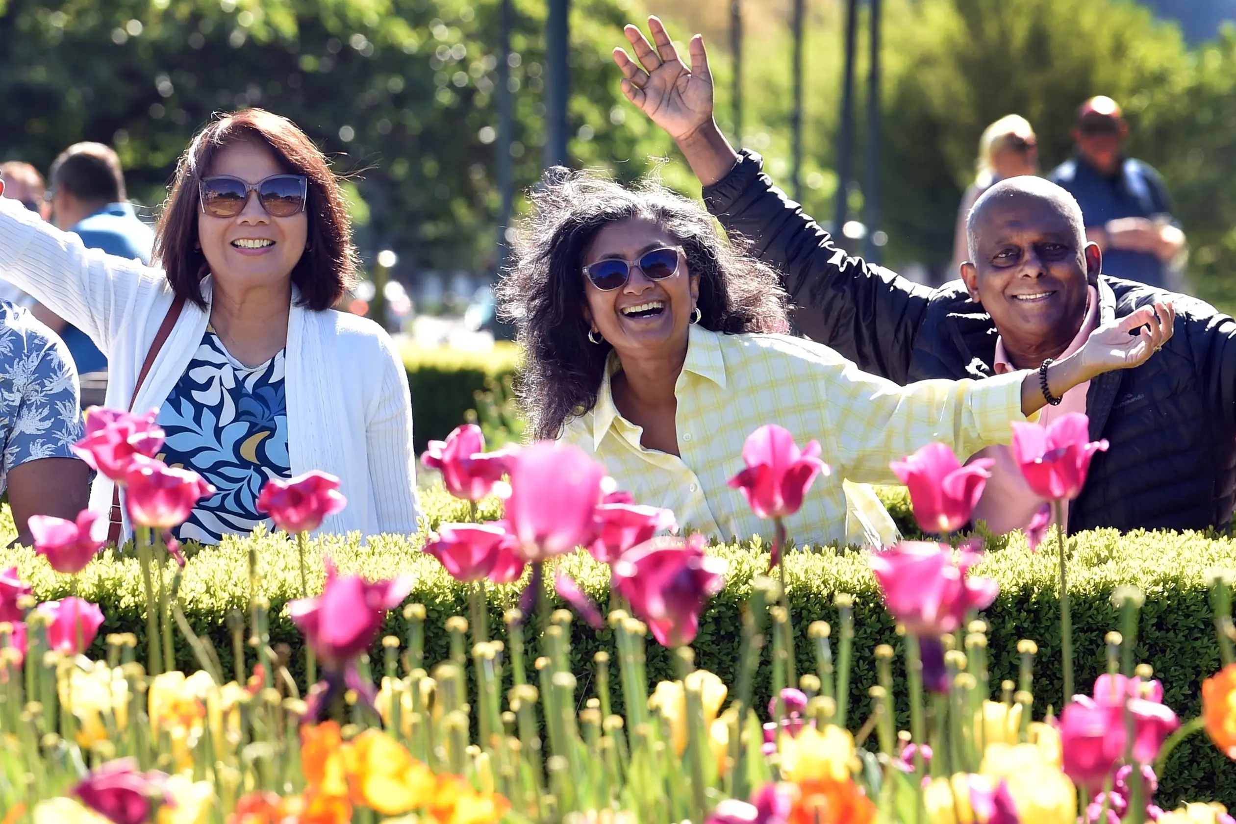 <i>Celebrity Edge</i> passengers (from left) Joe and Juliet Salonga, of California, and Jean and Anton Livera, of Sydney, enjoy the Dunedin Railway Station on Wednesday. It was the first cruise ship for the season. Photo: Peter McIntosh