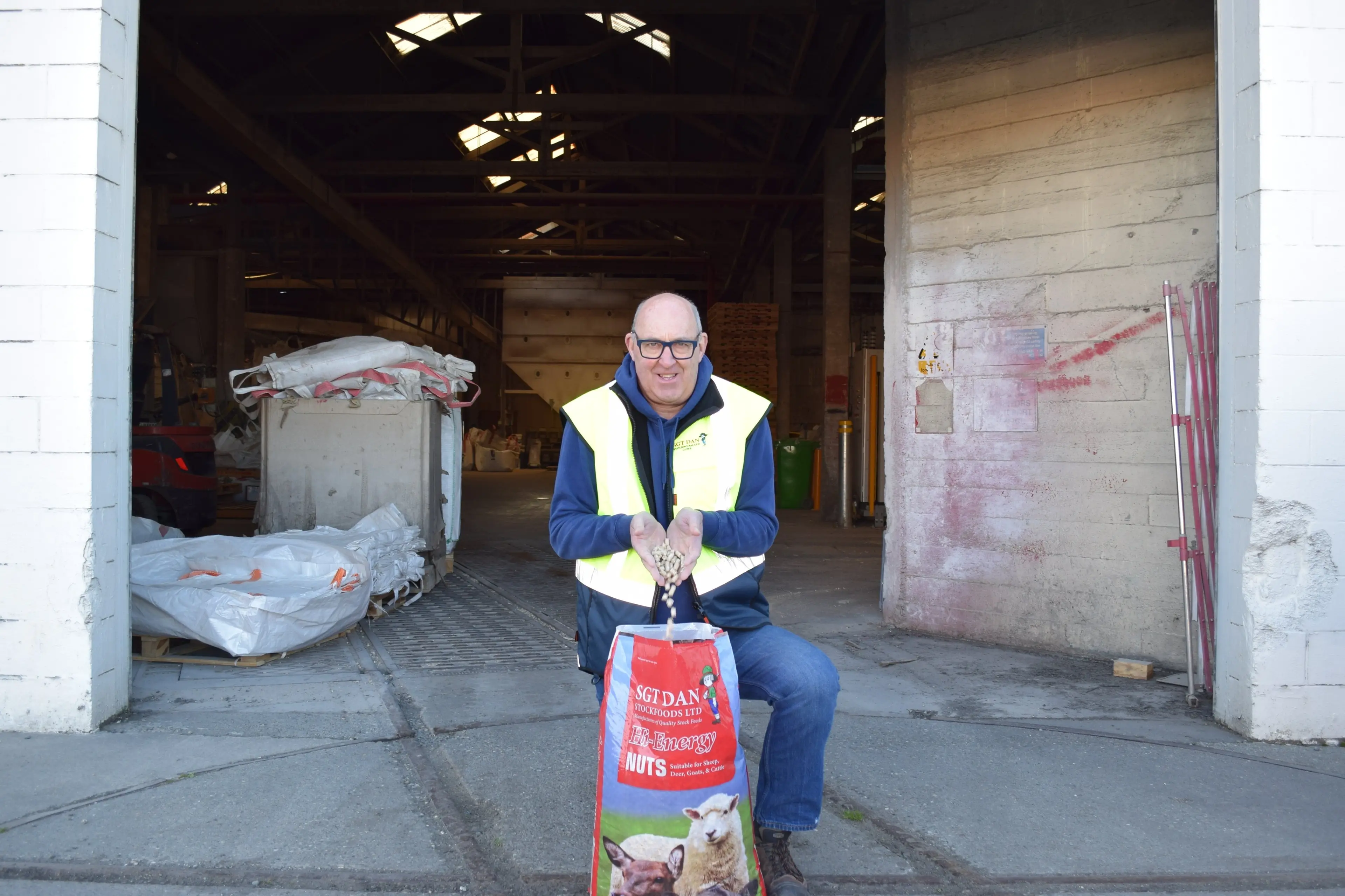 Sgt Dan Stockfoods manager Daryl Moyles, of Gore, shows the sheep nuts which have been in high demand in wet parts of the South earlier this season. Photo: Shawn McAvinue