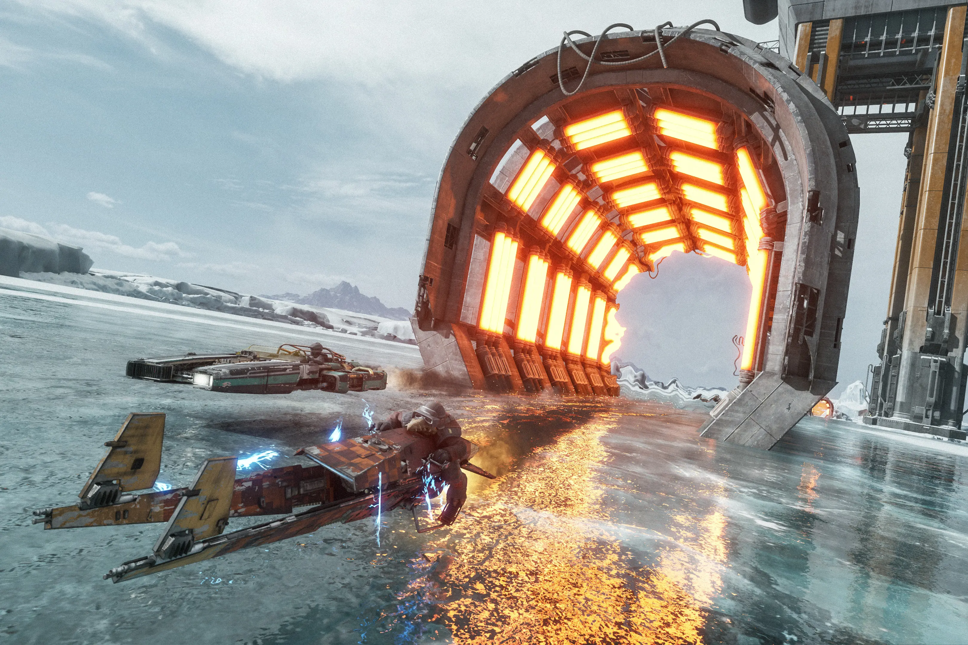 Having your speeder bike slowly freeze up on you while racing dangerously on an ice planet is nothing that can\\'t be solved by flying through a giant space heater in \"Star Wars: Galactic Racer\". Image: Supplied