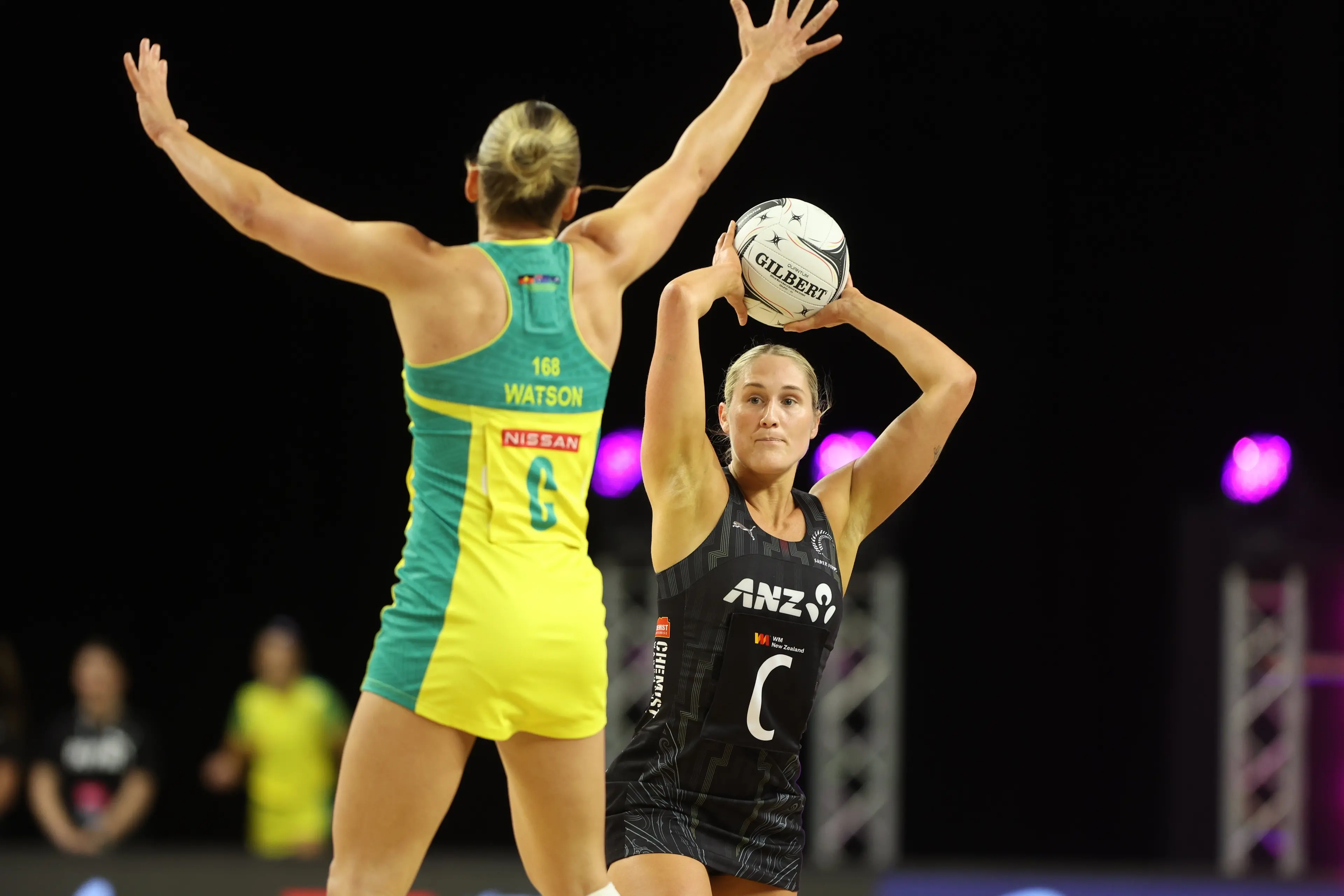 Silver Ferns centre Maddy Gordon looks for her options under the pressure of Australian Diamond midcourter Liz Watson during the second test in Christchurch on Wednesday. Photo: Michael Bradley Photography