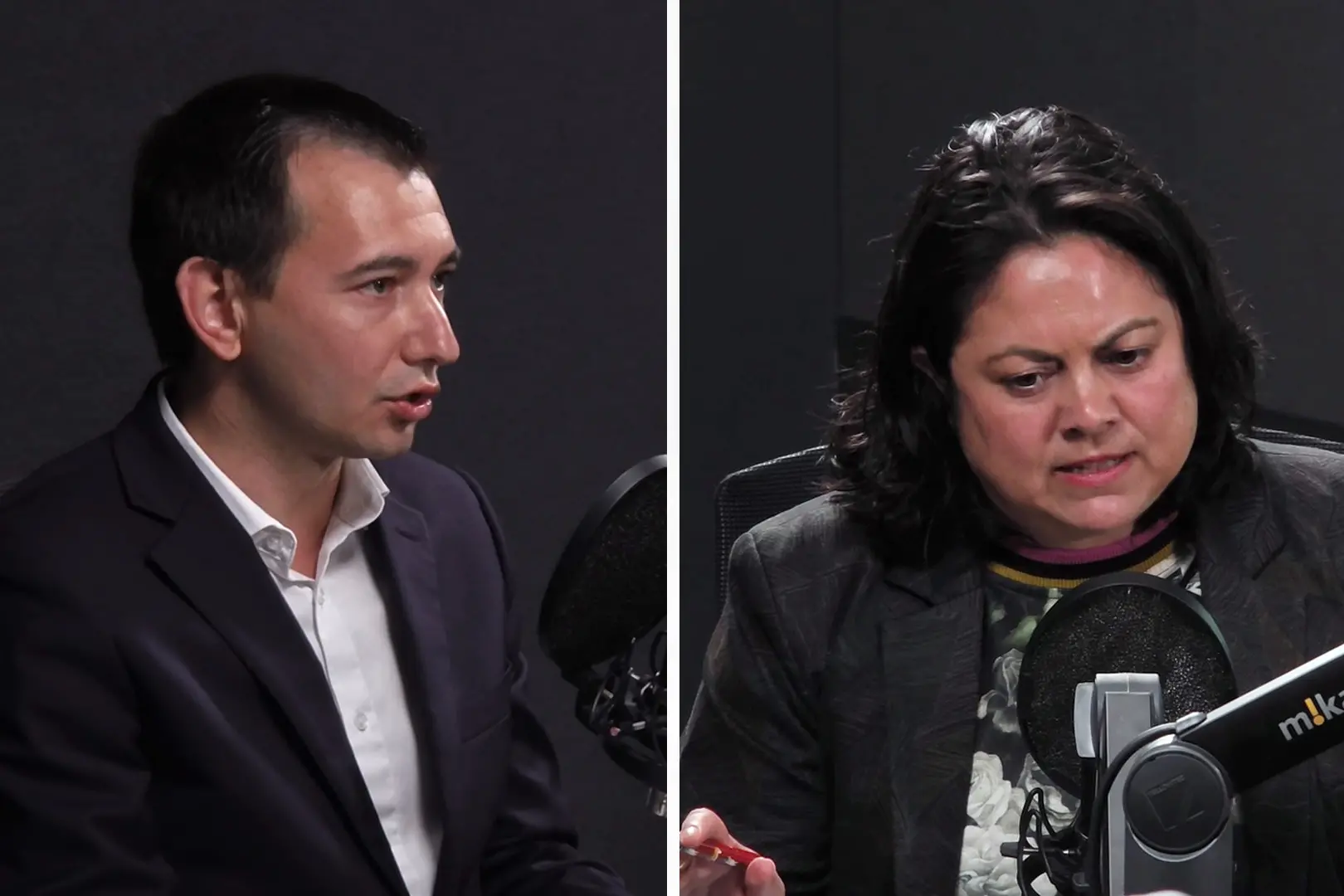 Simeon Brown and Ayesha Verrall in the studio at RNZ for Morning Report\\'s health debate. Photo: RNZ