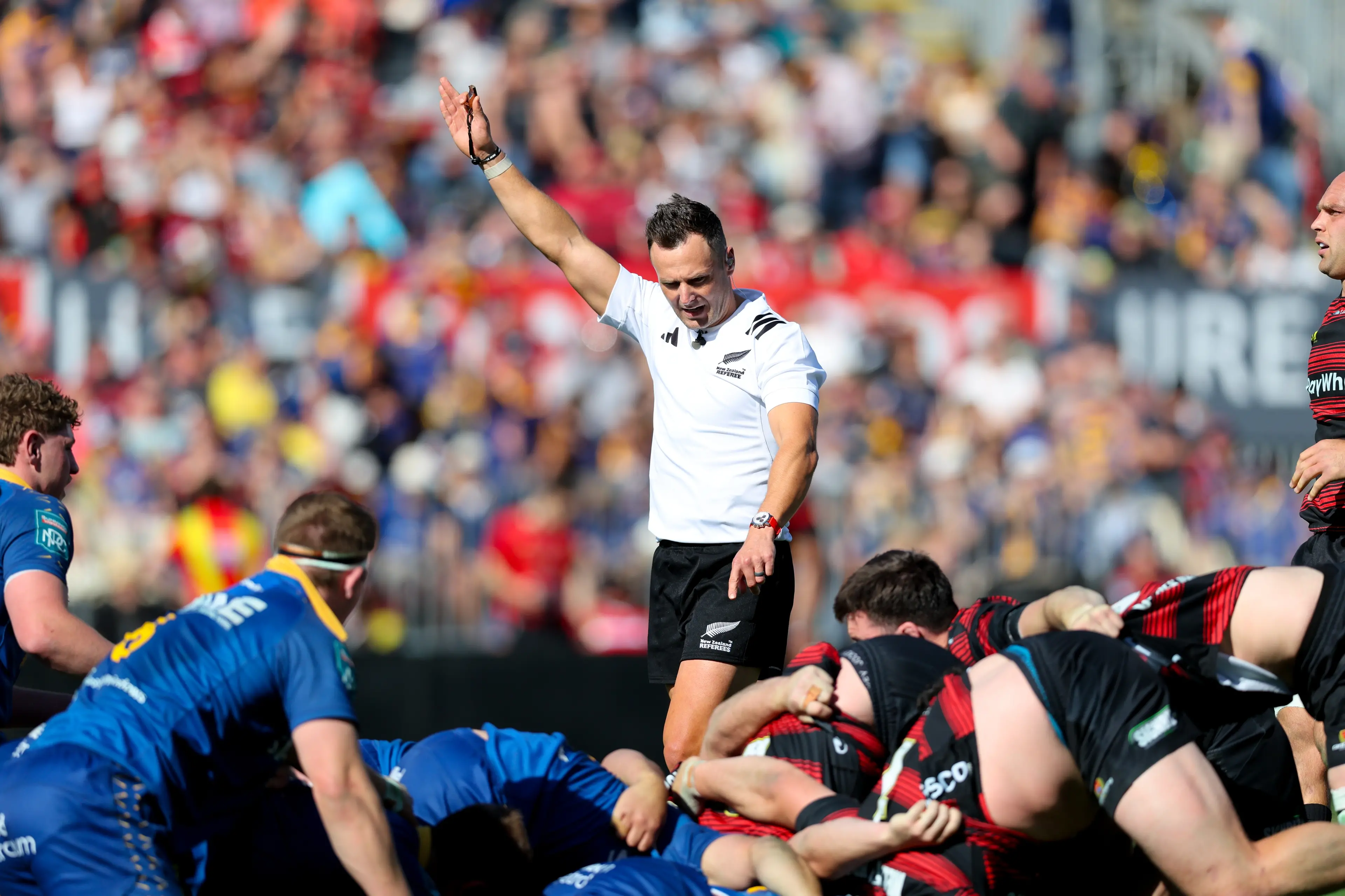 James Doleman referees the 2025 NPC final between Otago and Canterbury. Photo: NZX Rugby/action press
