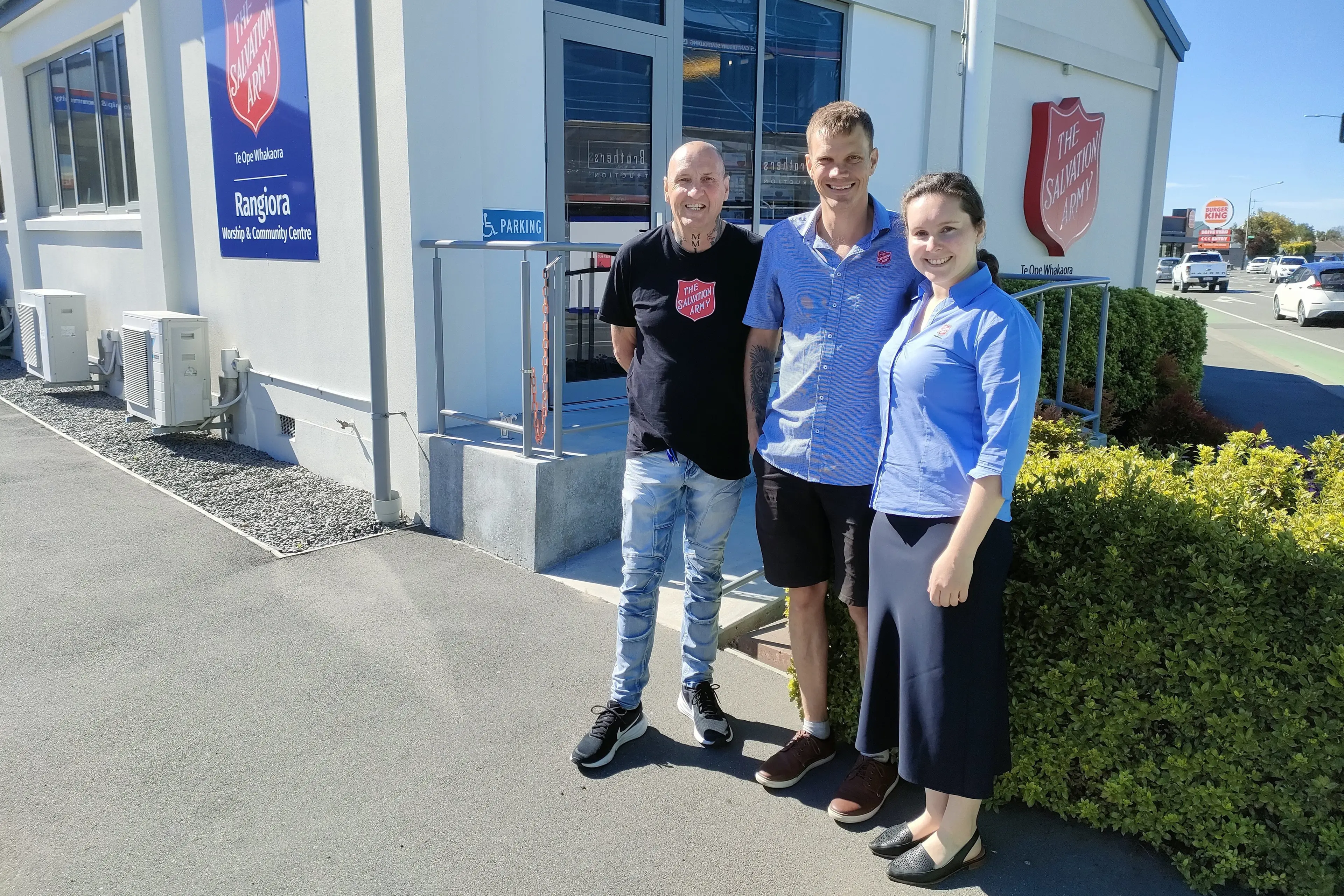 Community outreach . . . Homeless response team leader Grant Harris (left), Salvation Army North Canterbury Lieutenants Barry and Natalie Kirby. Photo: David Hill
