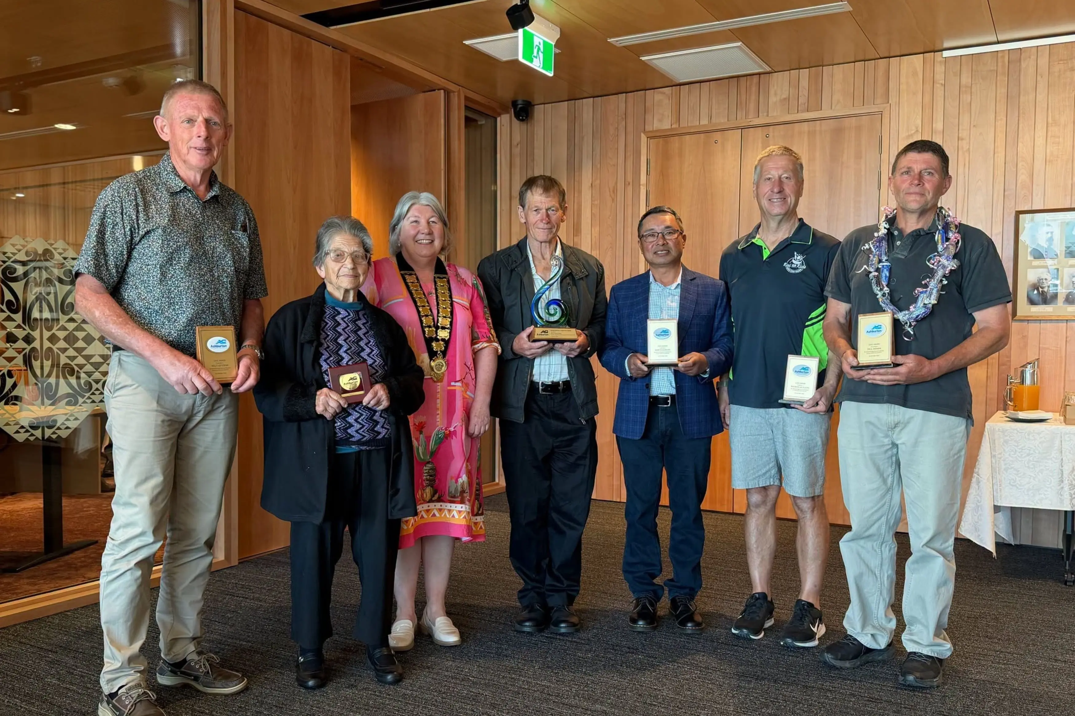 Ashburton Mayor Liz McMillan, third from left, with Ashburton District Council Community Honour Award recipients, from left, Willy Leferink, Rallou Keeley, Ross Hawthorne, Ramesh Gurung, Andrew Saunders and Paul Nieman. PHoto Supplied