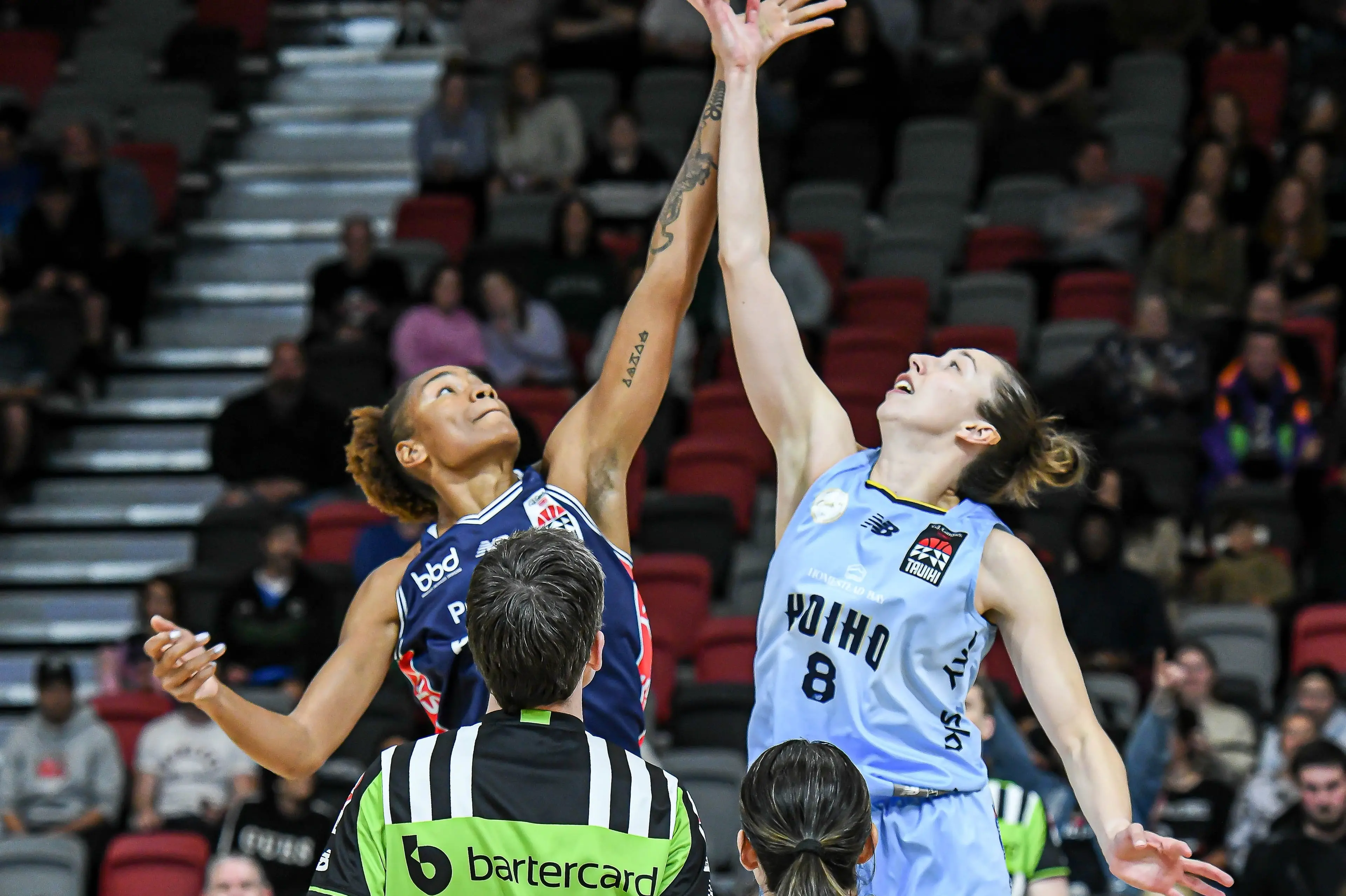 Mainaland Pou\\u0101kai big Mikayla Vaughan (left) and Southern Hoiho\\'s Bec Pizzey jump at the tip-off during the Hoiho\\'s win last week. Photo: Richard Connelly