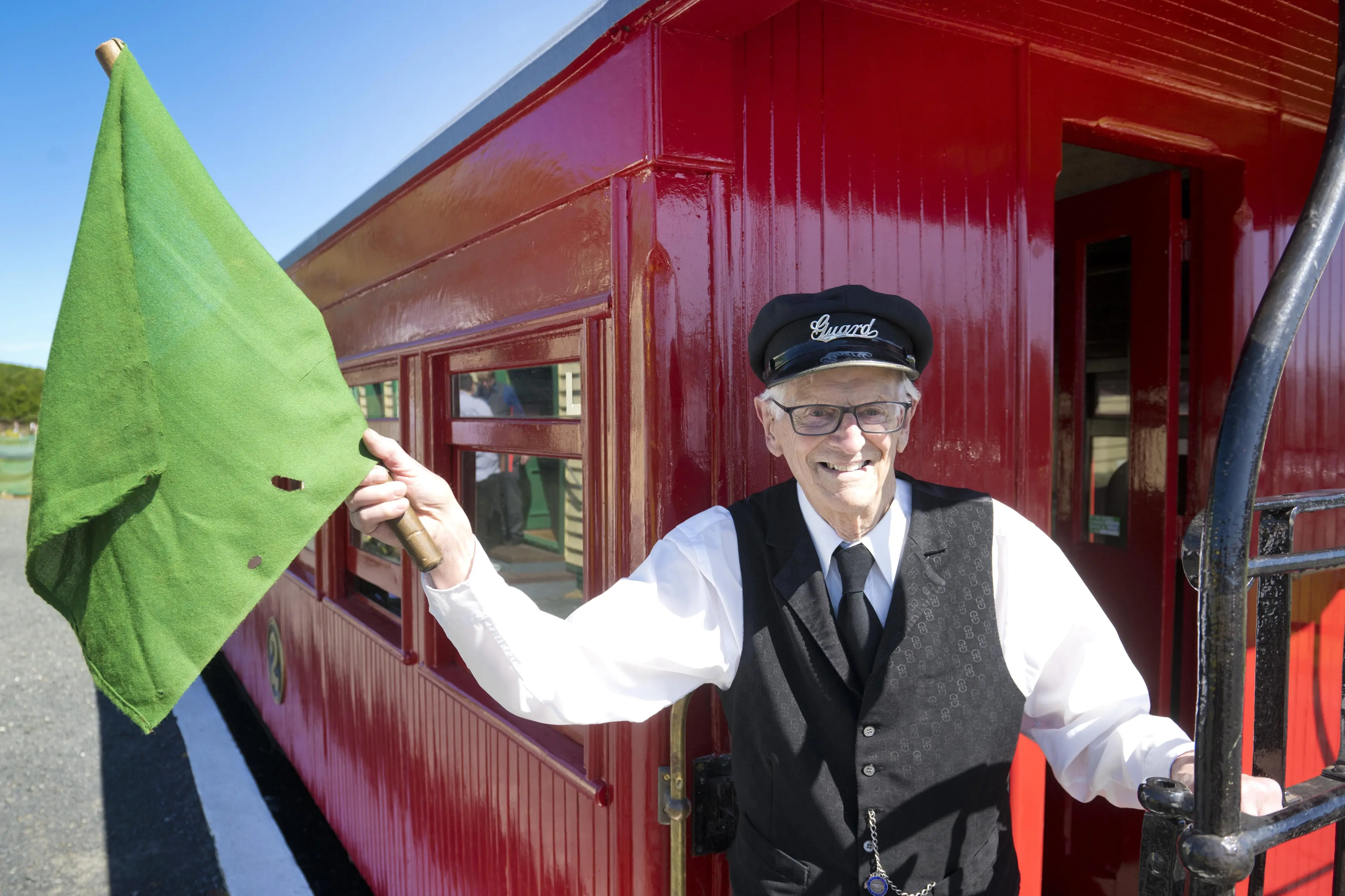 Ocean Beach Railway guard Layall Kelpe was on duty for the first outing of the society\\'s newly restored 1913 50-seat carriage. The carriage has been exhaustively refurbished over five years by the society\\'s volunteers.  Photo: Gerard O\\'Brien