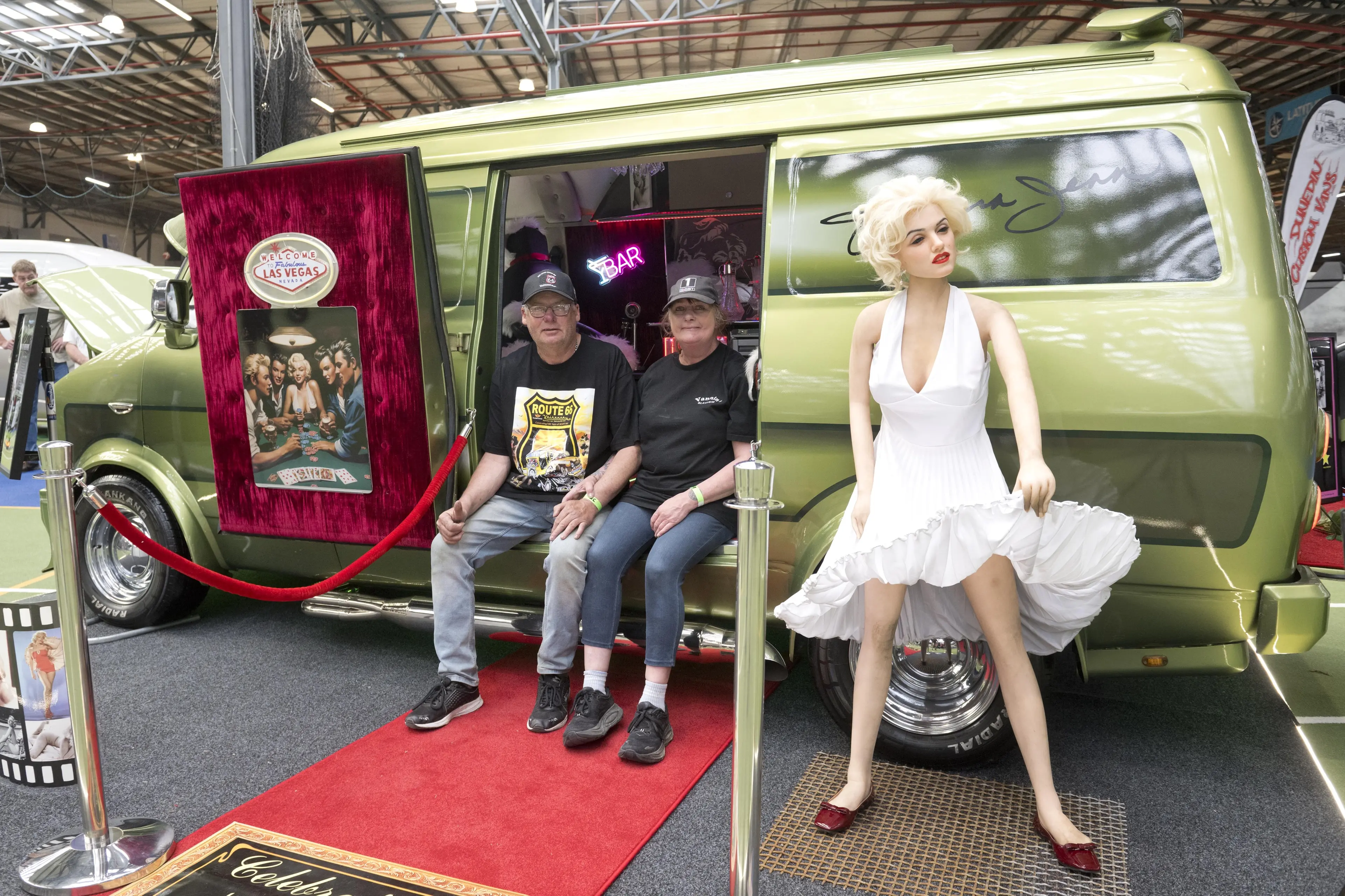 Mike Budny, with wife Leanne and a swathe of Marilyn Monroe memorabilia at the Custom Vans Show at the Edgar Centre on Saturday. Photo: Gerard O\\'Brien