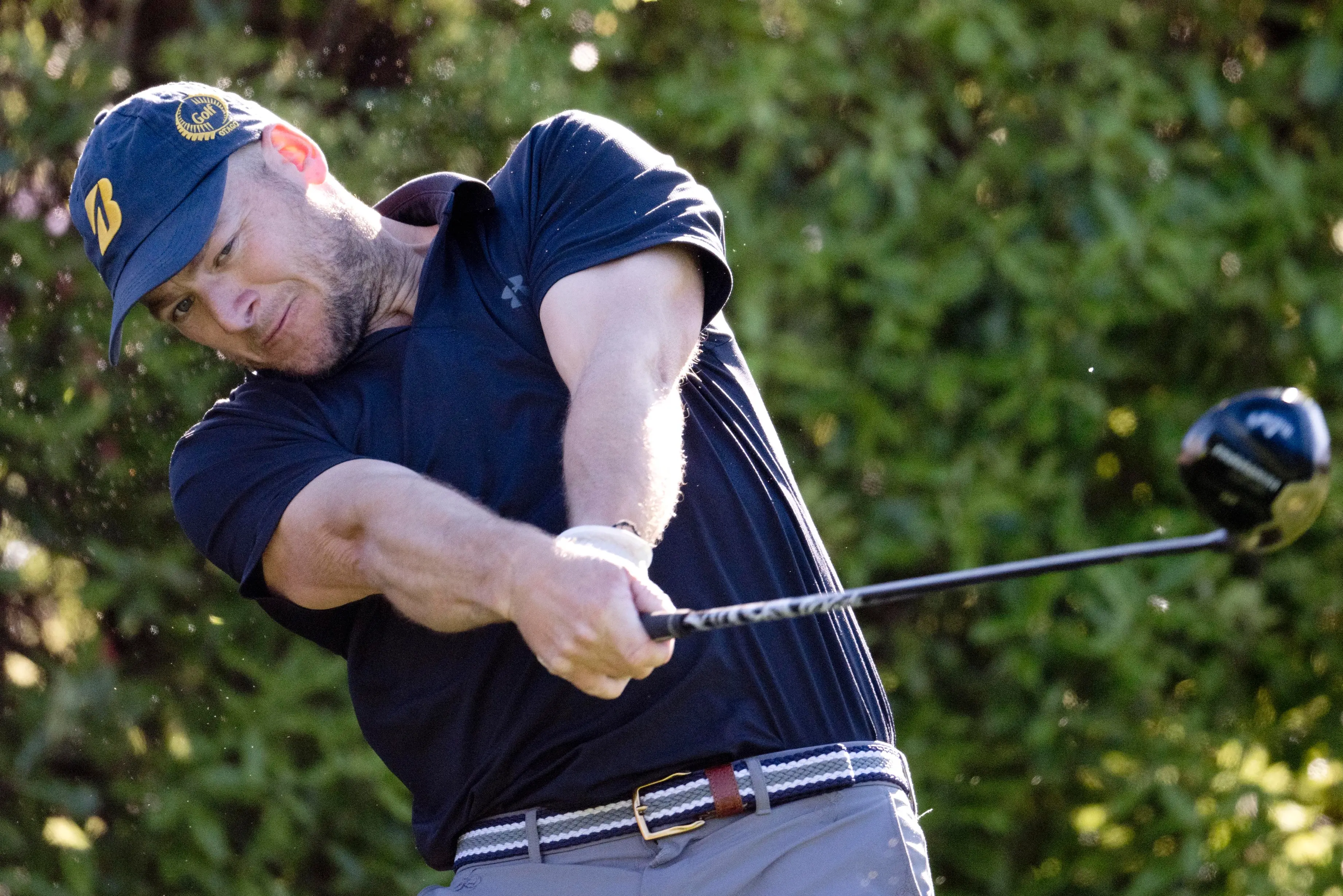 Brandon Hodgson releases through his drive on the fourth hole during his opening round at the Otago strokeplay at Balmacewen on Saturday. Photo: Gerard O\\'Brien