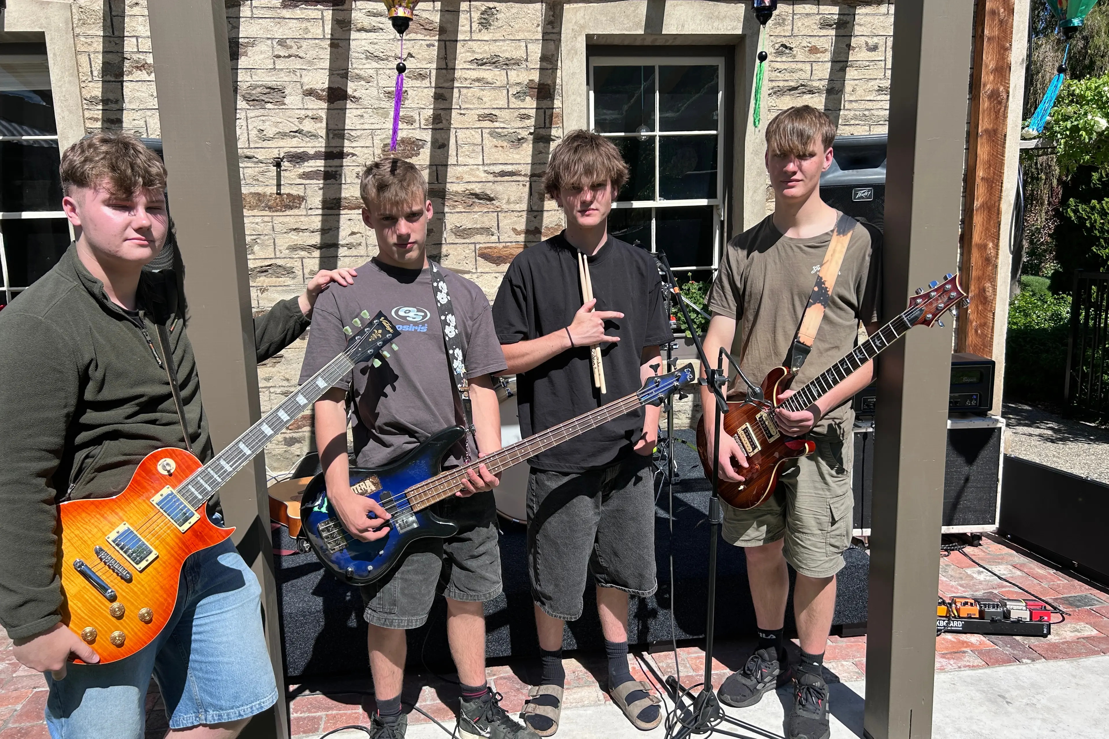Stolen Rings band members (from left) J T McFadyen, Jimmy Naylor, both 17, Max Hollebon and Josh Ballantine, both 16, rehearse in Clyde after recording six original songs at Roundhead Studios, in Auckland. Photo: Julie Asher