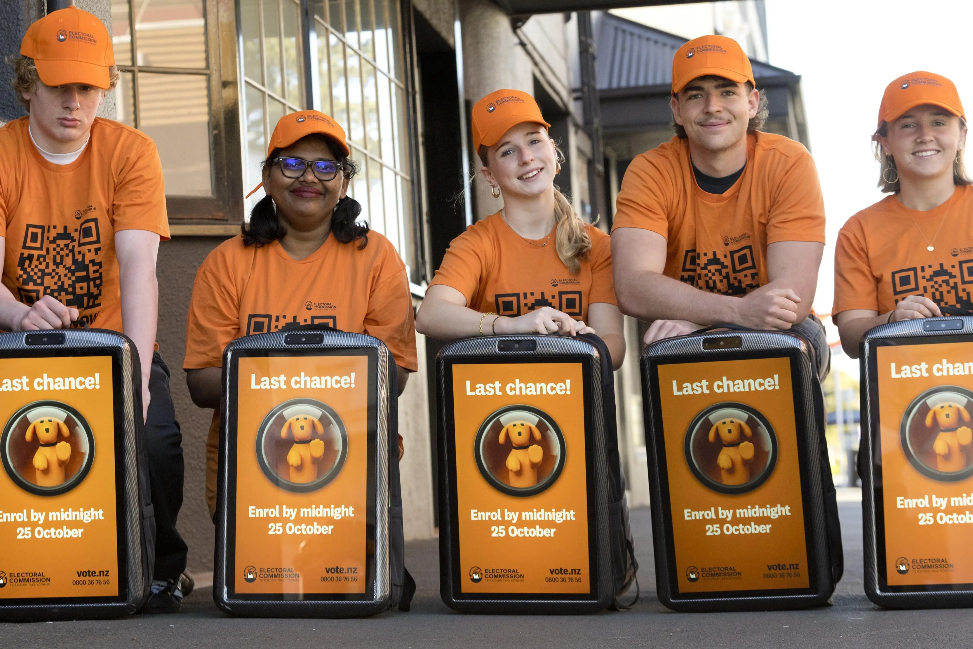 Volunteers for the Electoral Commission walk about town encouraging people to enrol to vote before the clock strikes midnight on Sunday. Pictured are (from left) Eli Dwyer, Anju Kakkanatt, Eva Louise-Baker, Ben Gowan and Francesca Kyriak Photo: Gerard O\\'Brien
