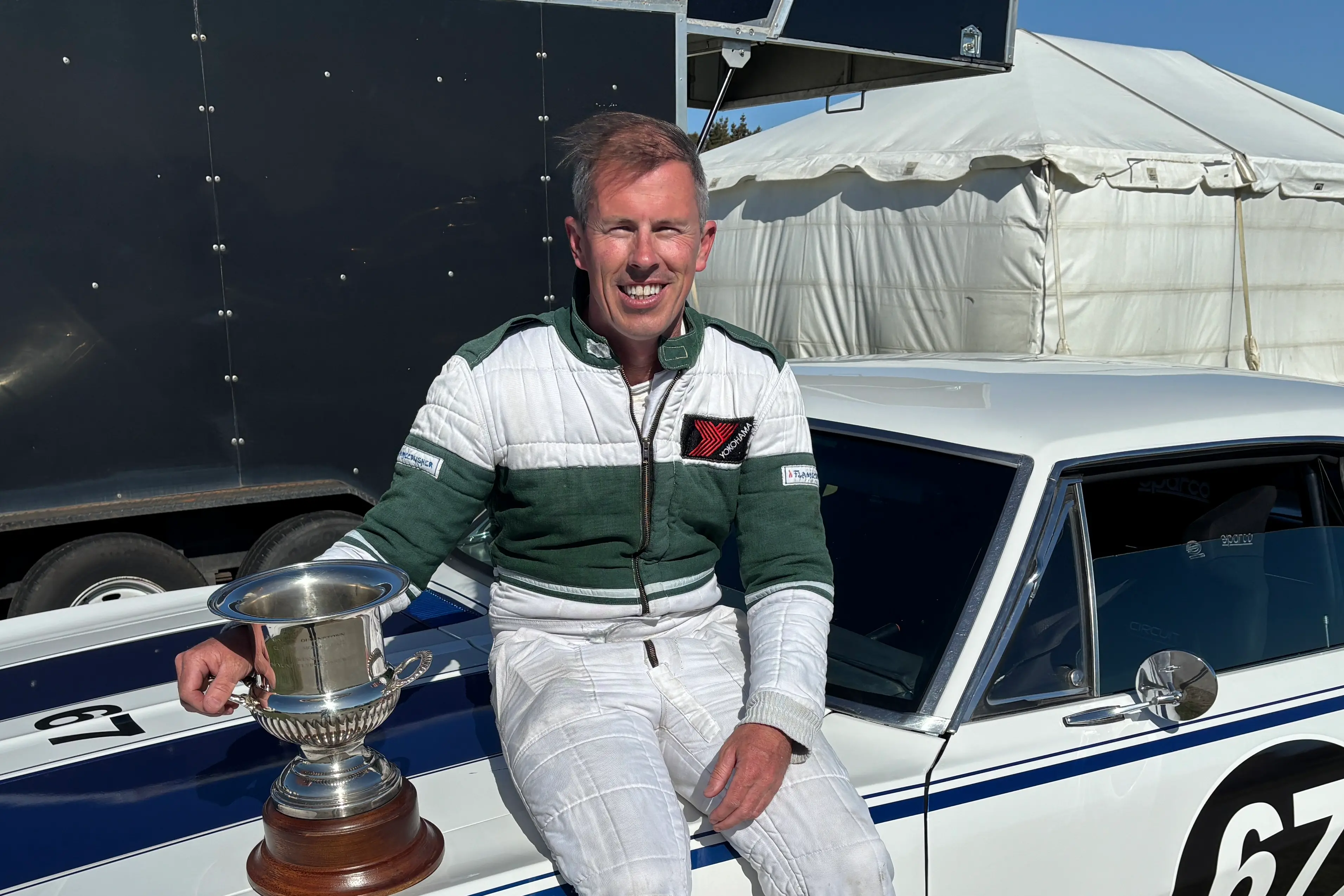 Classic finish: Max Perkins picked up\\u00A0the original Skyline Queenstown Cup after winning the Flying Farewell at the Queenstown Road Race Revival at Teretonga Raceway in his dad Wayne\\u2019s Camaro.\\u00A0 Photo: Supplied