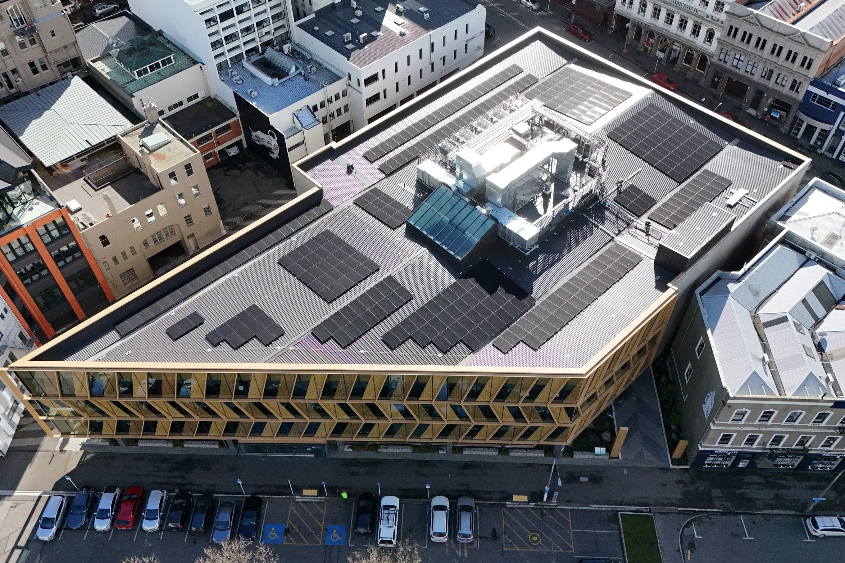 Solar panels on the roof of Dunedin\\'s Accident Compensation Corporation building are now generating up to 40% of the building\\'s energy needs. Photo: Supplied