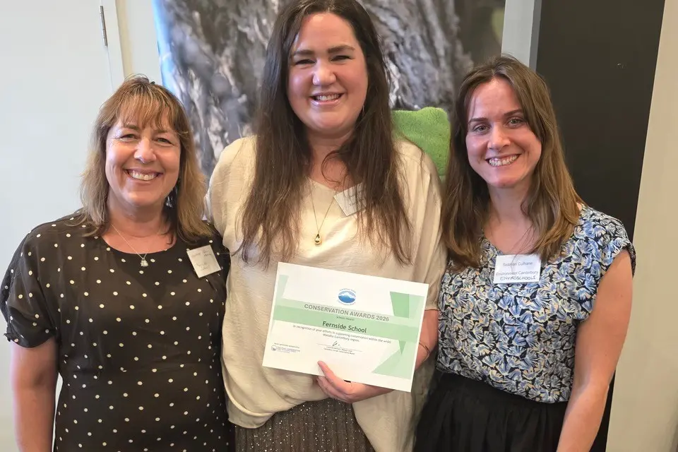 Awards night success\\u2026Fernside School teachers Jasmine Adair, left and Anita Ward, centre, with Enviro Schools facilitator Siobh\\u00E1n Culhane at the Canterbury Aoraki Conservation Awards night in Christchurch last week. PHOTO: SUPPLIED
