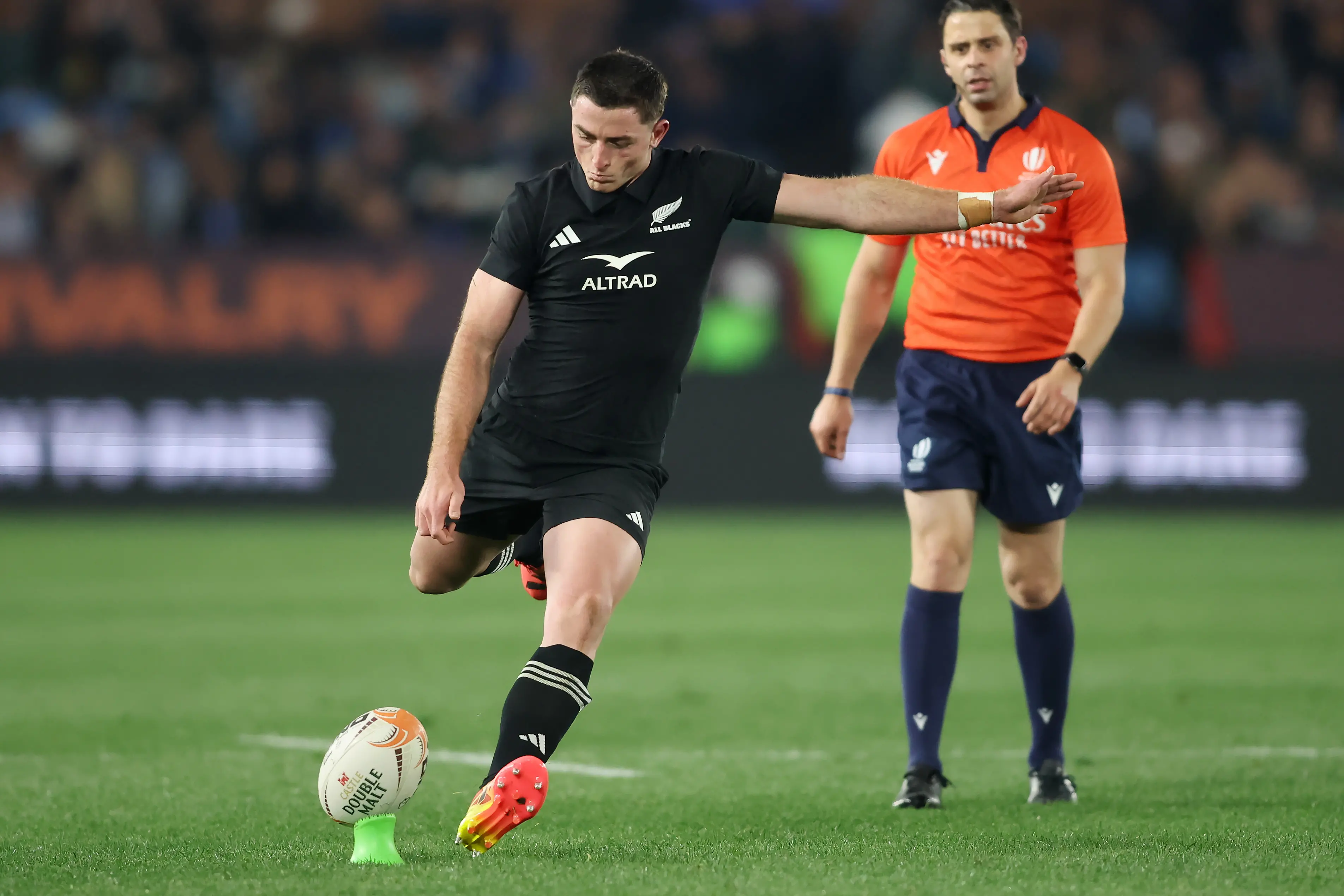 Josh Jacomb kicks a conversion for the All Blacks during their game against the Bulls in Pretoria in August. Photo: NZ Rugby/action press