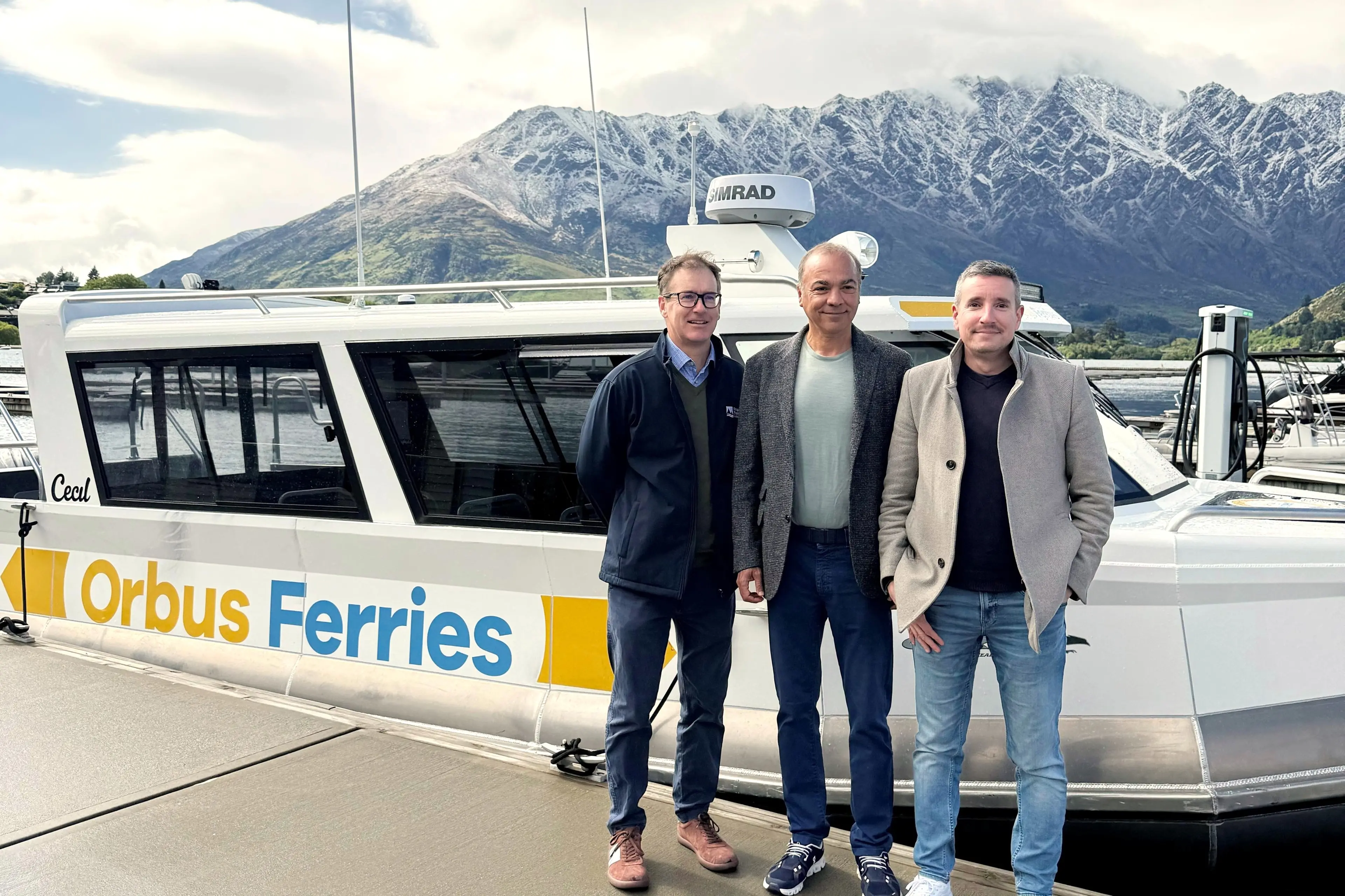 Doubling down: Ready to jump on an Orbus ferry are, from left, ORC councillor Matt Hollyer, Watersports Ltd owner Iraj Barabi and ORC transport implementation lead Julian Phillips. Photo: ORC
