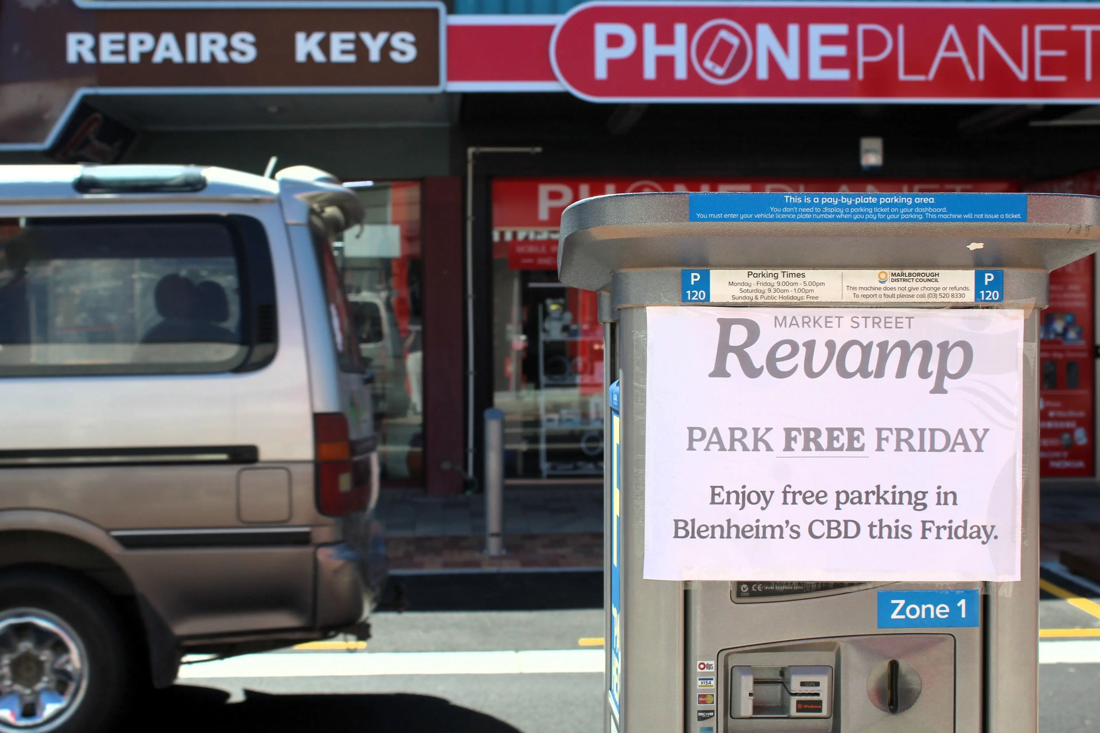 Blenheim\\u2019s first Park Free Friday last week was marked with posters on every CBD parking meter. Photo: Kira Carrington/LDR