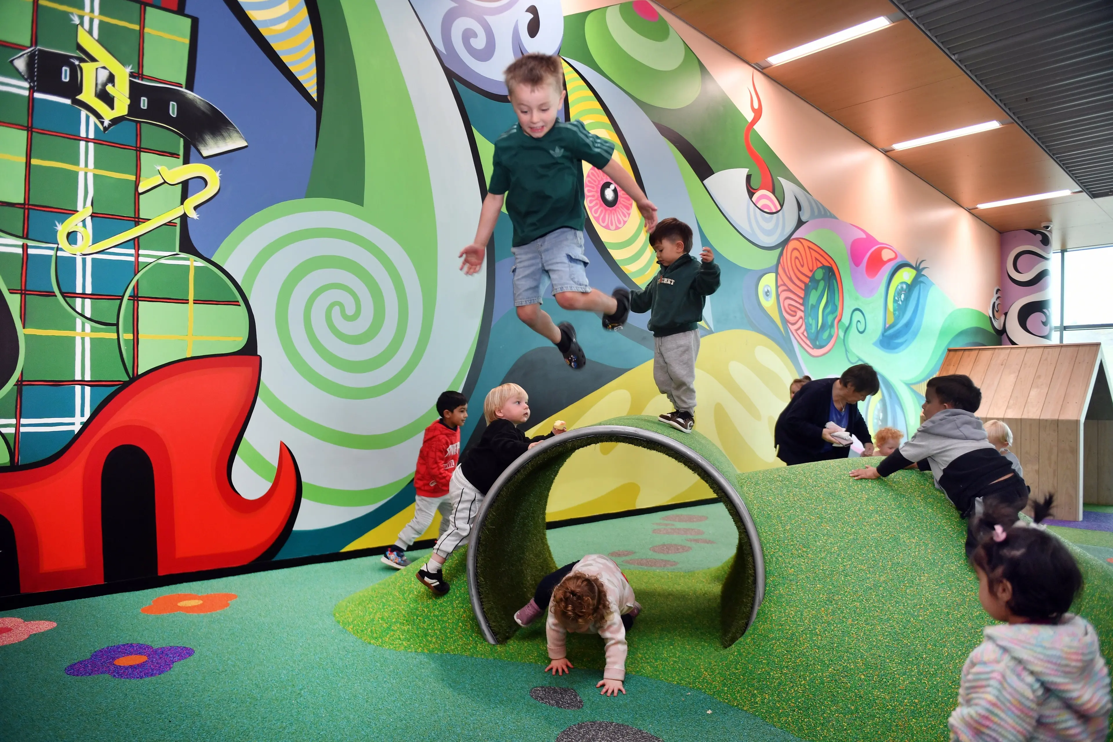 William Oxley, 4, leaps off a tunnel which is part of the new indoor playground on the first floor at Dunedin Airport. Photo: Stephen Jaquiery