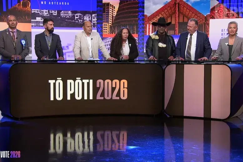From left: Tama Potaka, Eden Skipper, Willie Jackson, Nicole McKee, Rawiri Waititi, Shane Jones and Marama Davidson took part in the debate. Photo: TVNZ