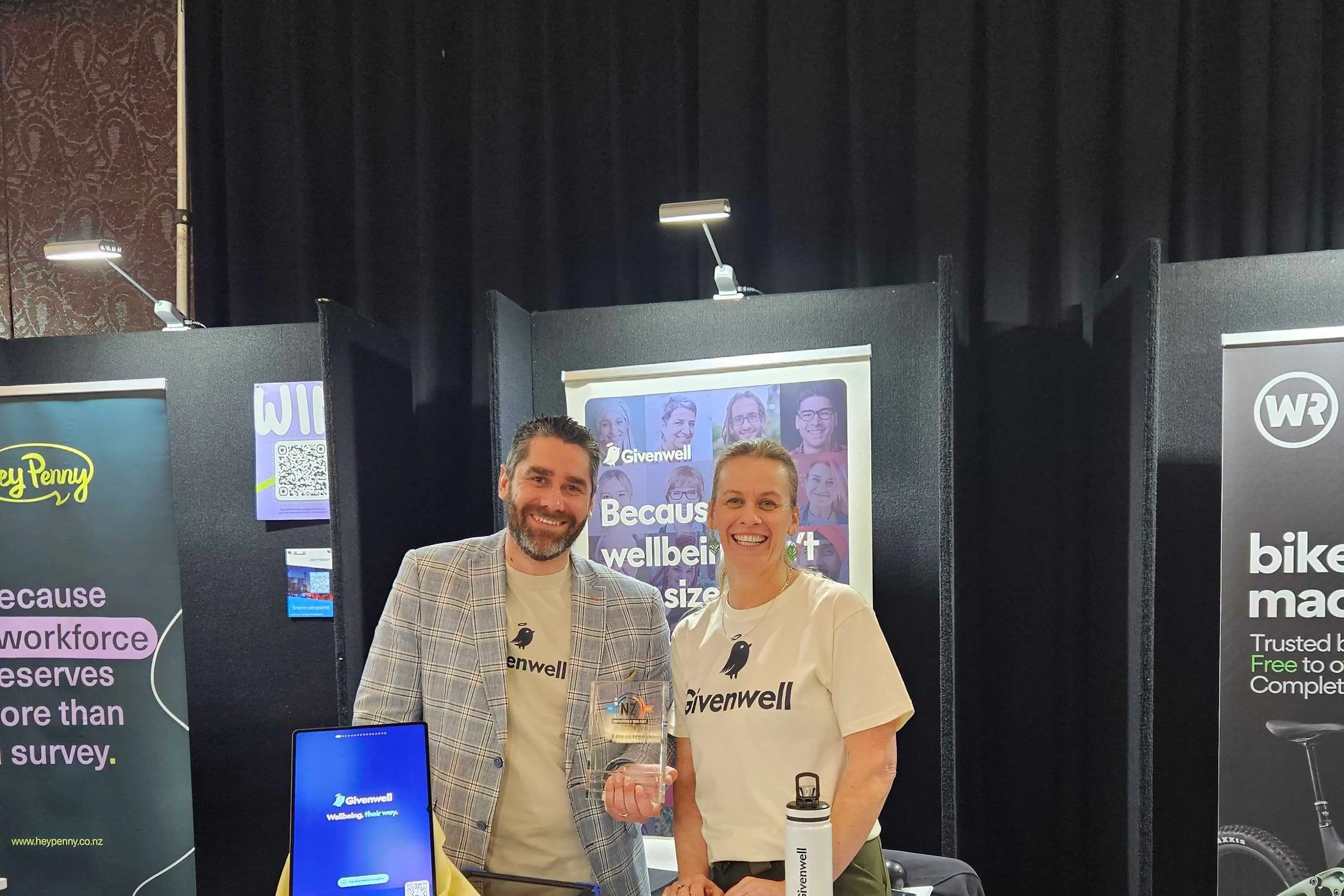 Givenwell\\'s Jonny Mirkin and Pauline Latta at the HR Tech & L&D Techfest in Auckland in June with the award from the first pitchfest the startup had won. Photo: Supplied