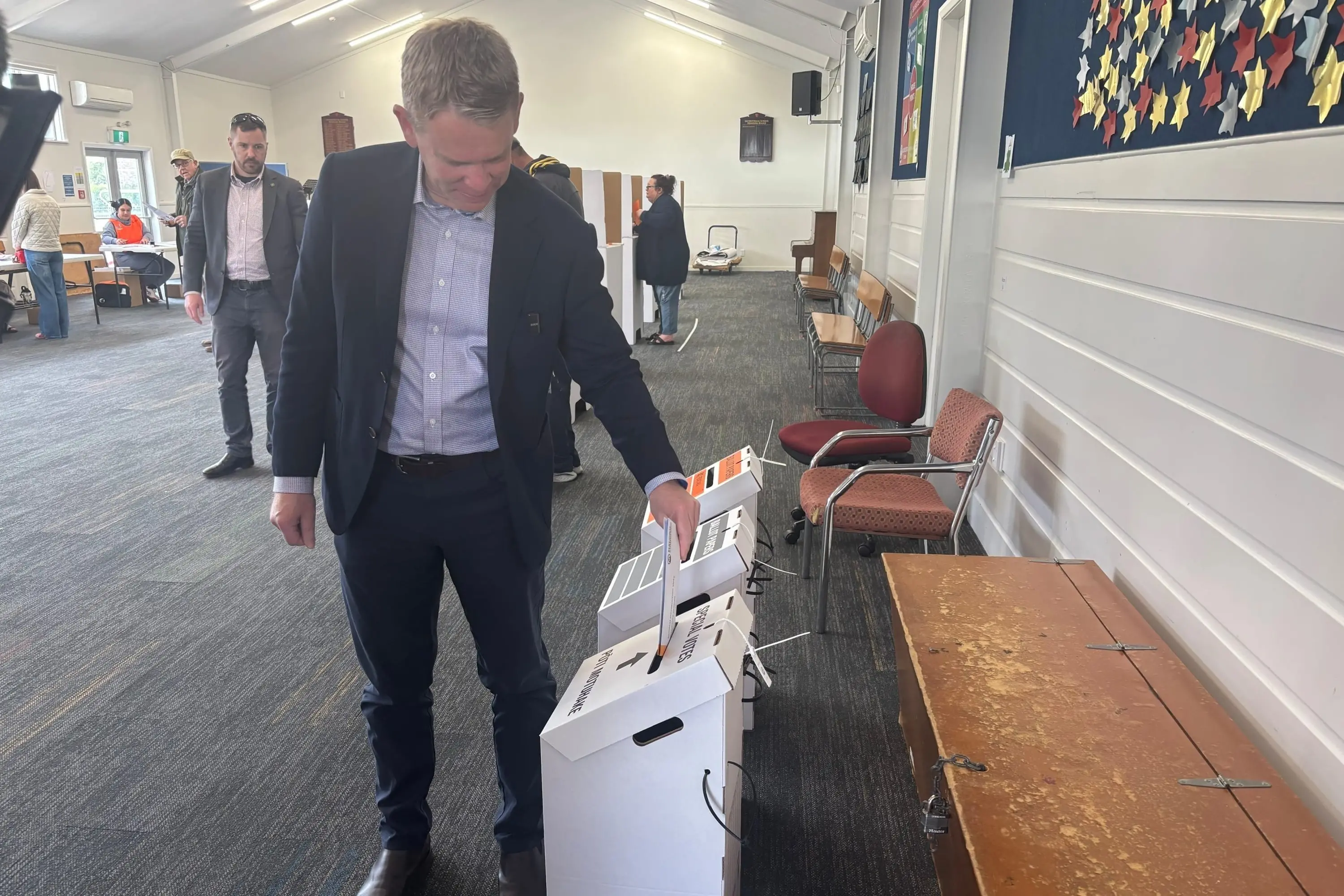 Having his say: Labour leader Chris Hipkins casts his vote in Wellington on Labour Day. Photo: RNZ