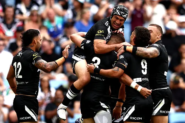 <p>Dane Gagai of New Zealand celebrates after scoring a try during the 2026 Men's Rugby League World Cup match between the Kiwis and Fiji at Cbus Super Stadium. Photo: Getty Images</p>\\n